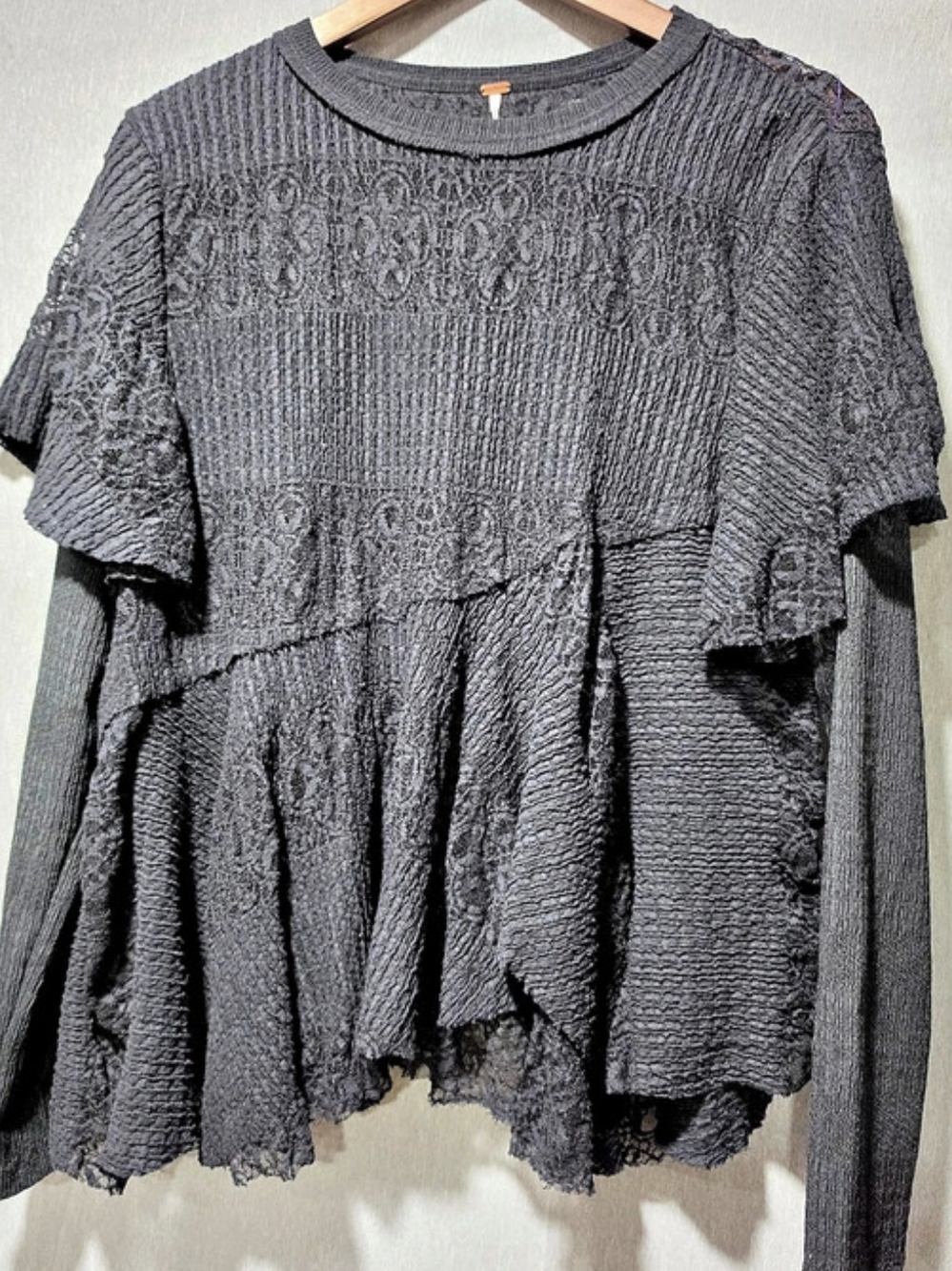 Free People Snowfall Lace Patchwork Thermal Tunic Top Black S 78499159